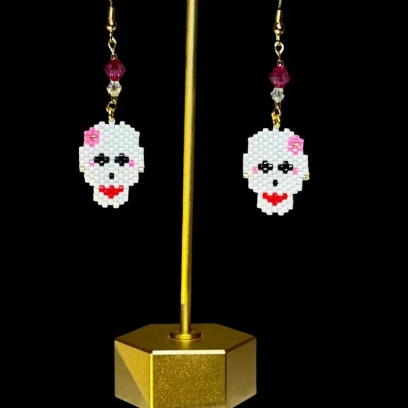 Beaded Whimsical Skull Earrings with Pink Accents - Gold Plated - Hand Crafted - Picture 6 of 6